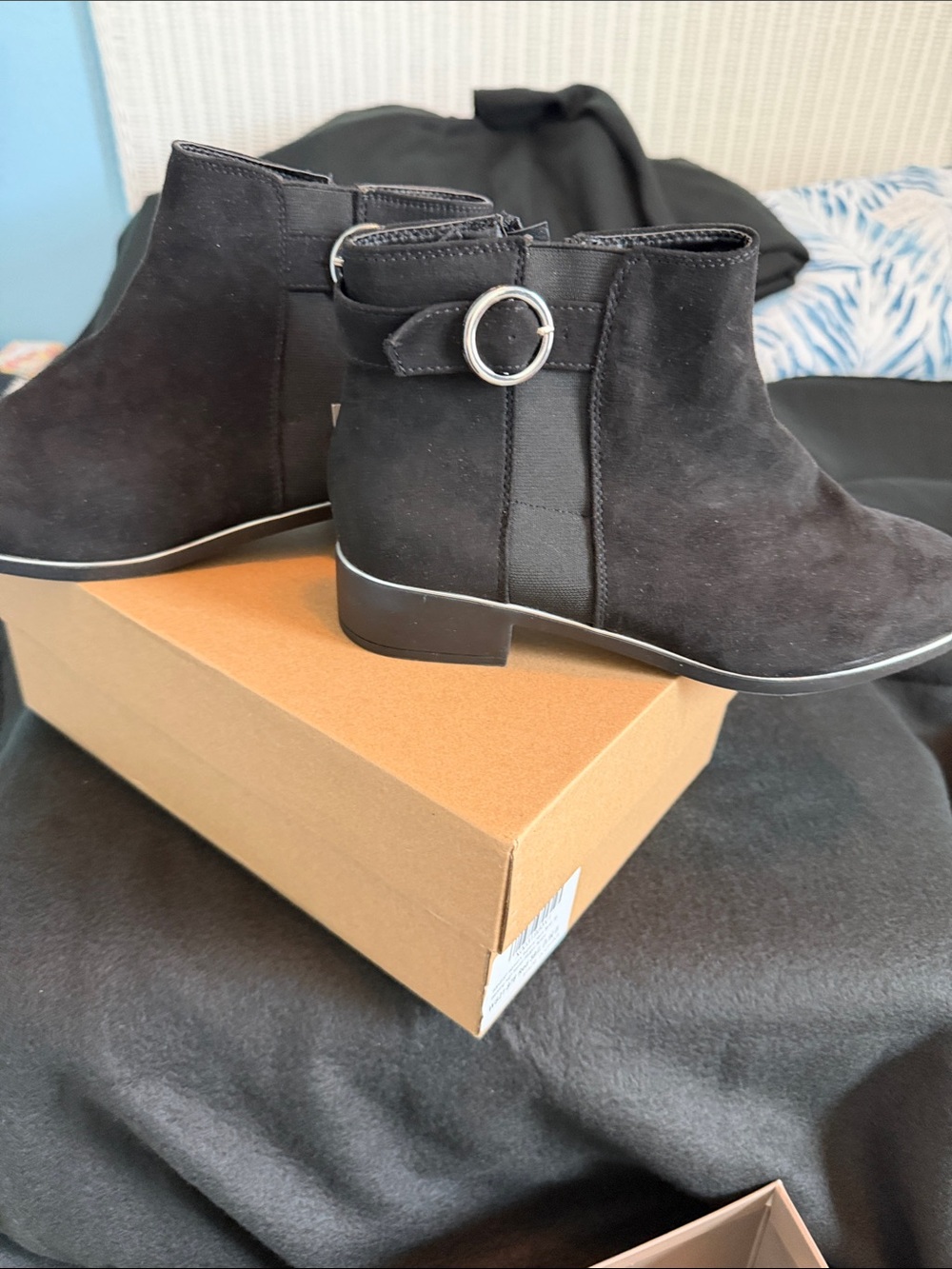 Women's Black Suede Ankle Booties with Buckle